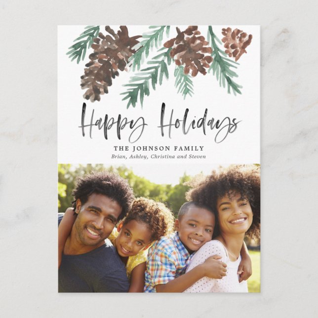 Cartão Postal Pinecone Natal Aquarela Foto de Férias (Frente)