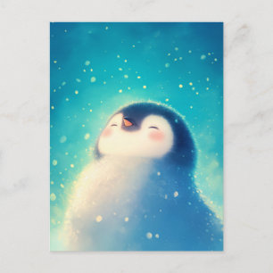 Cartão Postal Pinguim Bebê Feliz na Neve Azul