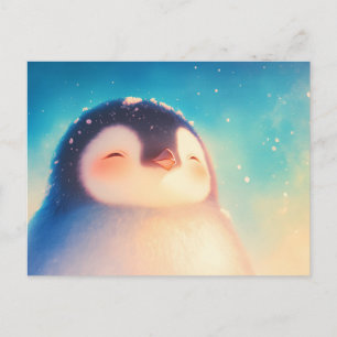 Cartão Postal Pinguim Bebê Feliz no Sol de Inverno Dourado