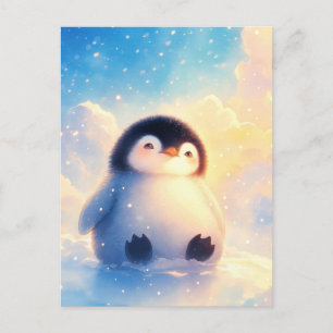 Cartão Postal Pinguim Bebê Fofinho na Neve Dourada