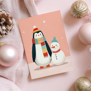 Cartão Postal Pinguim bonitinho com o Natal Rosa do Pastel Snowm