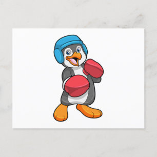 Cartão Postal Pinguim boxeando com luvas e capacete de boxe