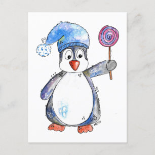 Cartão Postal Pinguim branco bonito com um pirulito