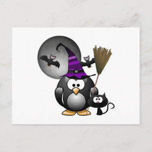 Cartão Postal Pinguim Bruxo Bonito com Cena de Halloween