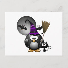 Cartão Postal Pinguim Bruxo Bonito com Cena de Halloween
