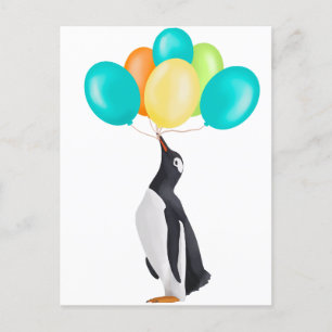 Cartão Postal Pinguim Com Balões Coloridos