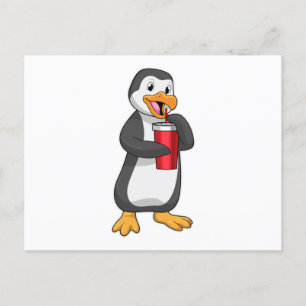 Cartão Postal Pinguim com copo para beber com canudo