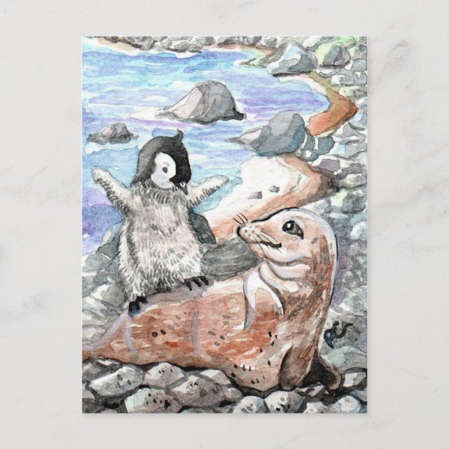 Cartão Postal Pinguim com foca-bebê (Frente)