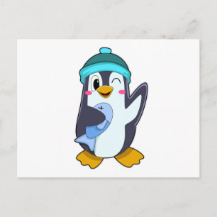 Cartão Postal Pinguim com Peixe e Chapéu