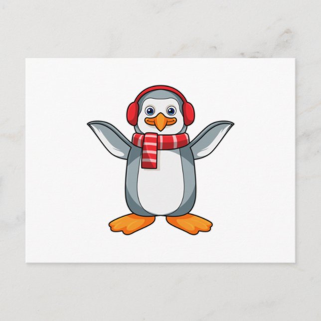Cartão Postal Pinguim com Scarf e fone de ouvido (Frente)