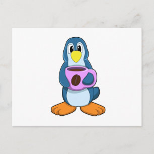 Cartão Postal Pinguim com xícara de café