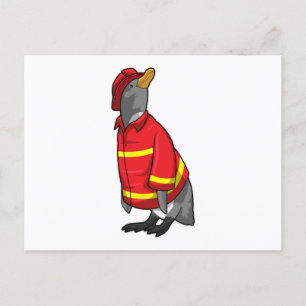 Cartão Postal Pinguim como Bombeiro com Capacete