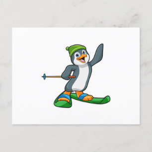 Cartão Postal Pinguim como esquiador com esqui e Boné