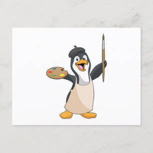 Cartão Postal Pinguim como Pintor com Pincel de Pintura e Cor