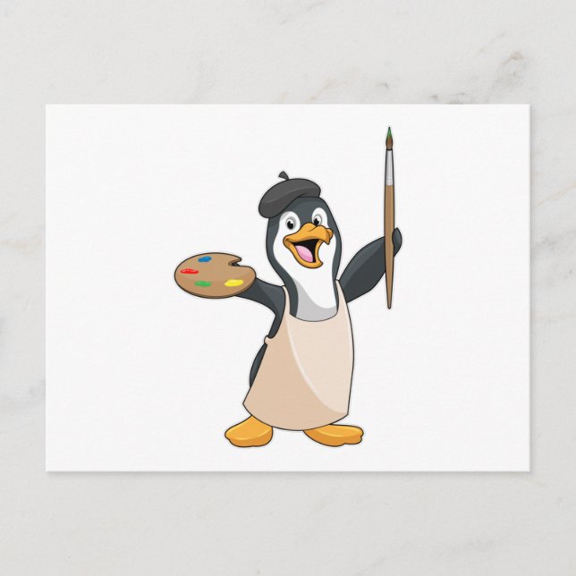 Cartão Postal Pinguim como Pintor com Pincel de Tinta & Cor (Frente)