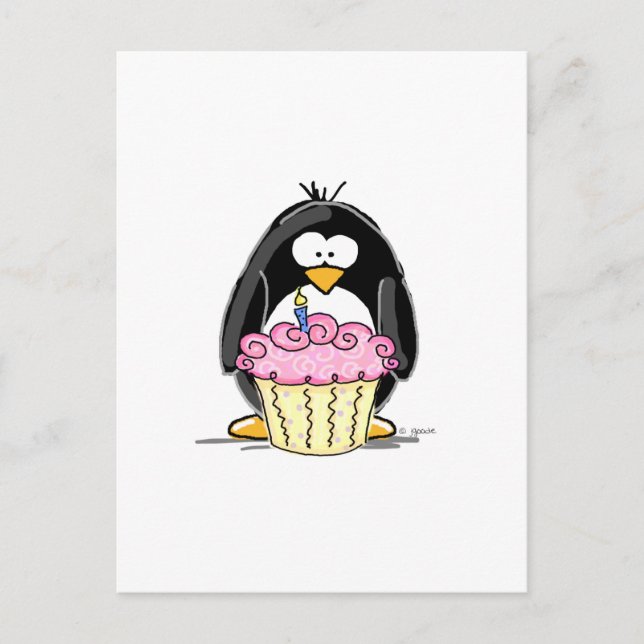 Cartão Postal Pinguim de aniversário com Cupcake (Frente)