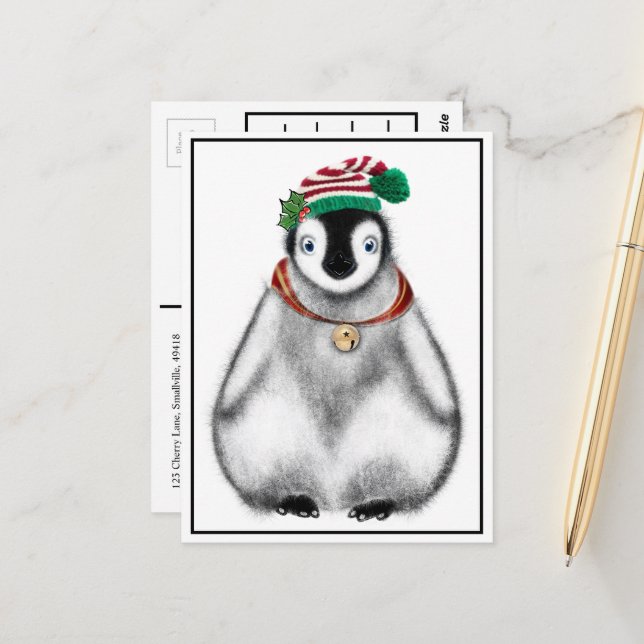 Cartão Postal Pinguim de feriado festivo | sinos tilintando (Frente/Verso In Situ)