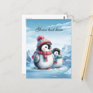 Cartão Postal Pinguim de inverno sazonal bonito adiciona texto