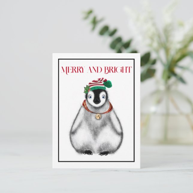 Cartão Postal Pinguim de Natal adorável e festivo (Em pé/Frente)