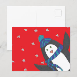 Cartão Postal Pinguim de Natal bonito em vermelho