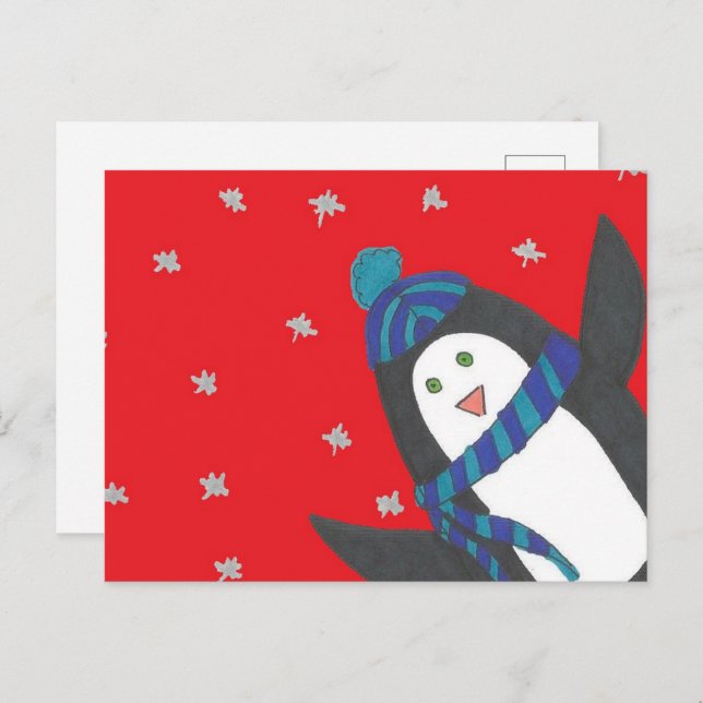 Cartão Postal Pinguim de Natal bonito em vermelho (Frente/Verso)