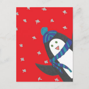 Cartão Postal Pinguim de Natal bonito em vermelho