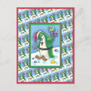 CARTÃO POSTAL PINGUIM DE NATAL CUTO VESTIDO EM VERDE, HOLIDAY