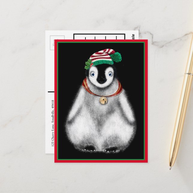 Cartão Postal Pinguim de Natal festivo bonito (Frente/Verso In Situ)