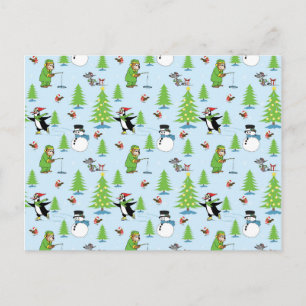 Cartão Postal Pinguim de Natal patinando no gelo e pescador de u