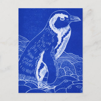 Cartão Postal Pinguim do Linocut Azul