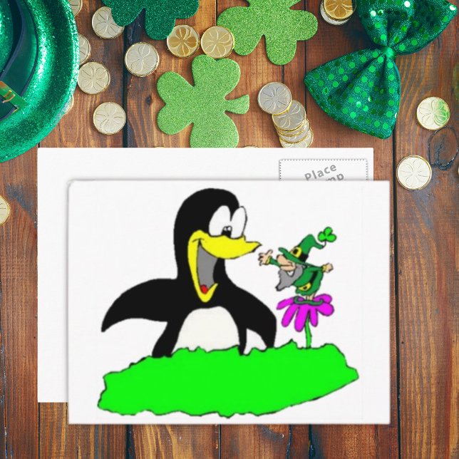 Cartão Postal Pinguim e Leprechaun (Penguin and Leprechaun Postcard)