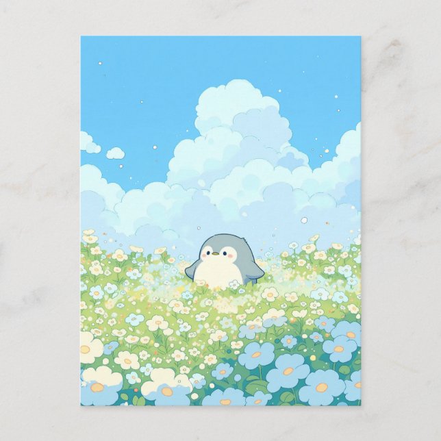 Cartão Postal Pinguim Fofo em Prado Azul e Branco (Frente)
