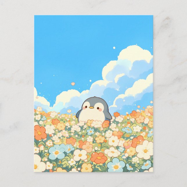 Cartão Postal Pinguim Fofo em Prado de Flores Laranja (Frente)