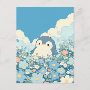Cartão Postal Pinguim Fofo em Prado de Flores Pastel