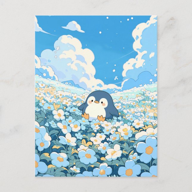 Cartão Postal Pinguim Fofo no Prado de Flores Azuis (Frente)