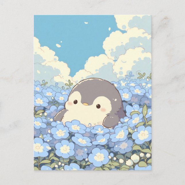 Cartão Postal Pinguim Fofo no Prado de Flores Azuis (Frente)