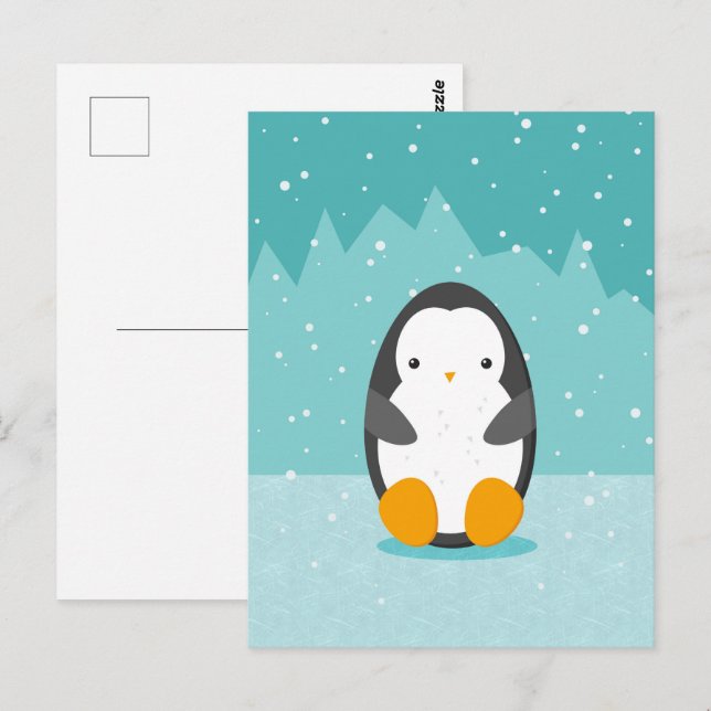 Cartão Postal Pinguim giro no desenho azul de inverno (Frente/Verso)