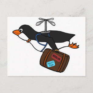 Cartão Postal Pinguim-helicóptero voador viajante com Suitcase