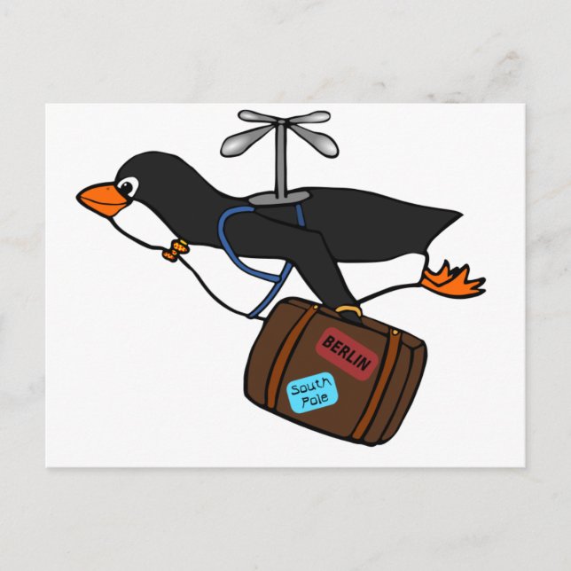 Cartão Postal Pinguim-helicóptero voador viajante com Suitcase (Frente)