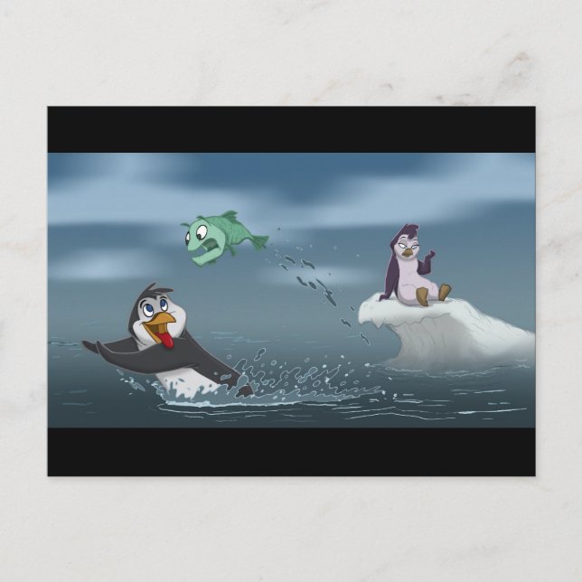 Cartão Postal Pinguim "Ir Peixe" com fundo (Frente)