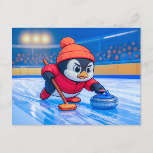 Cartão Postal Pinguim Jogando Curling em uma Pista de Gelo de In