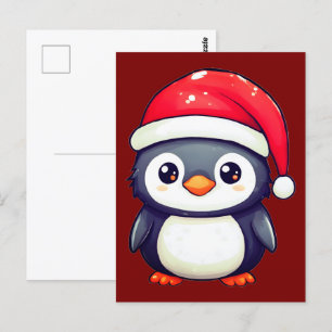 Cartão Postal Pinguim Kawaii Vestindo um Chapéu Noel Cozy neste