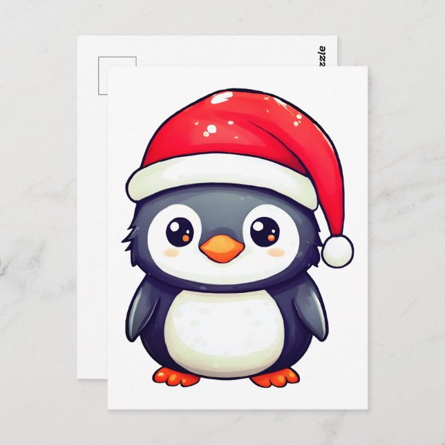 Cartão Postal Pinguim Kawaii Vestindo um Chapéu Noel Cozy neste  (Frente/Verso)