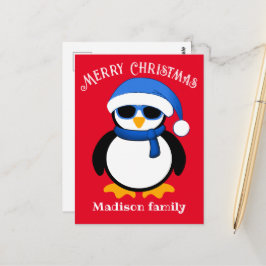 Cartão Postal Pinguim legal fofo Natal vermelho