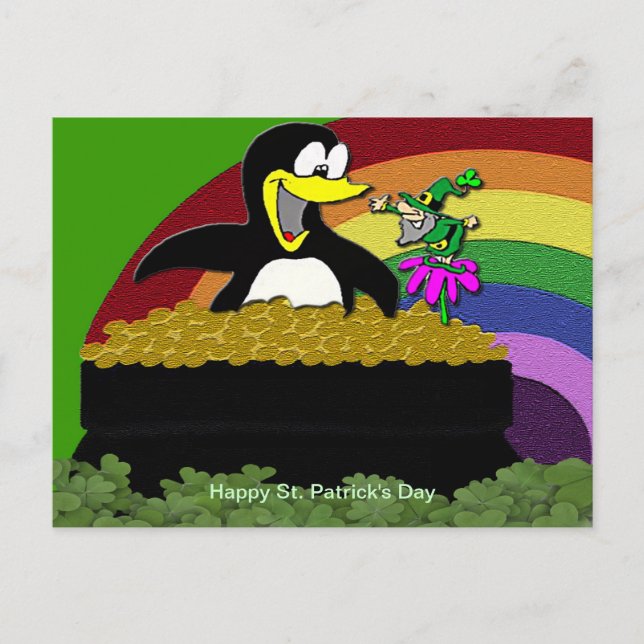 Cartão Postal Pinguim, Leprechaun, Dourado e Arco-íris (Frente)