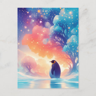 Cartão Postal Pinguim Majestoso na Floresta Mágica Resplandecent