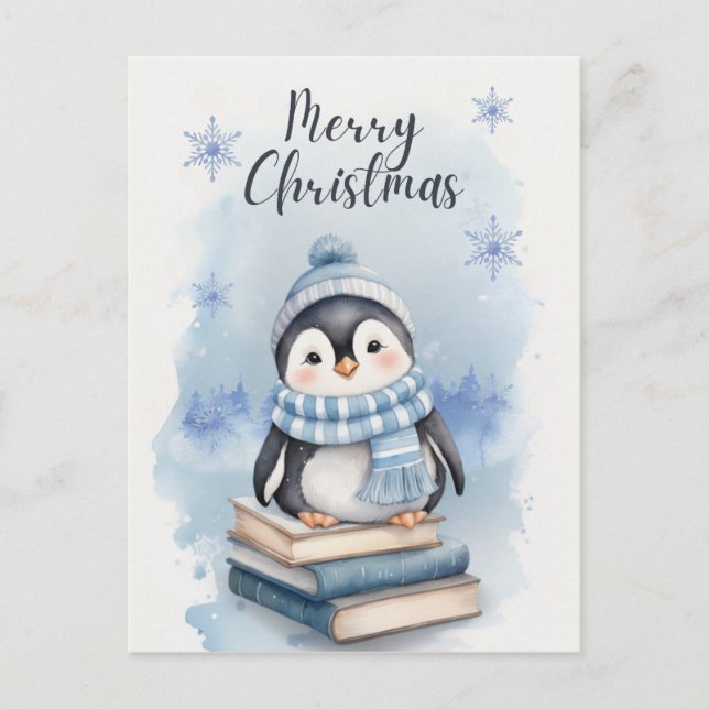 Cartão Postal Pinguim Natal de Watercolor (Frente)
