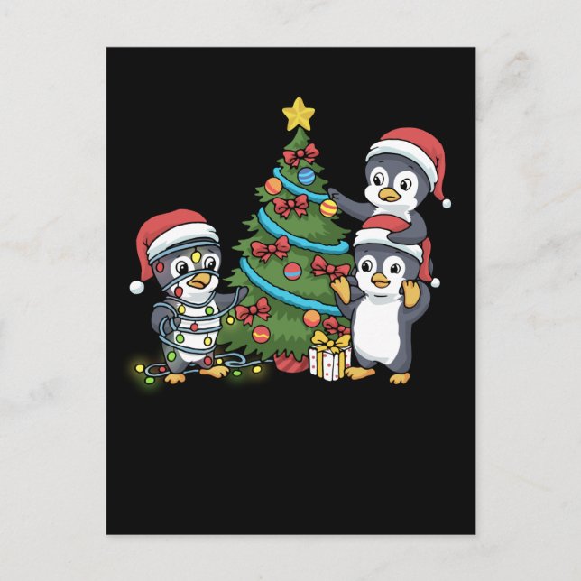 Cartão Postal Pinguim Natal Presente Crianças Árvore de Natal Pi (Frente)
