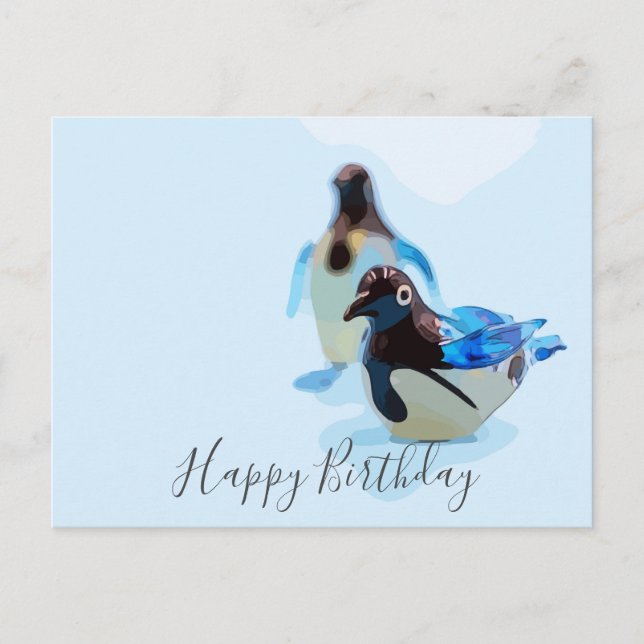 Cartão Postal Pinguim no aniversário azul da cor da água (Frente)