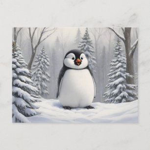 Cartão Postal Pinguim no fundo da árvore de neve
